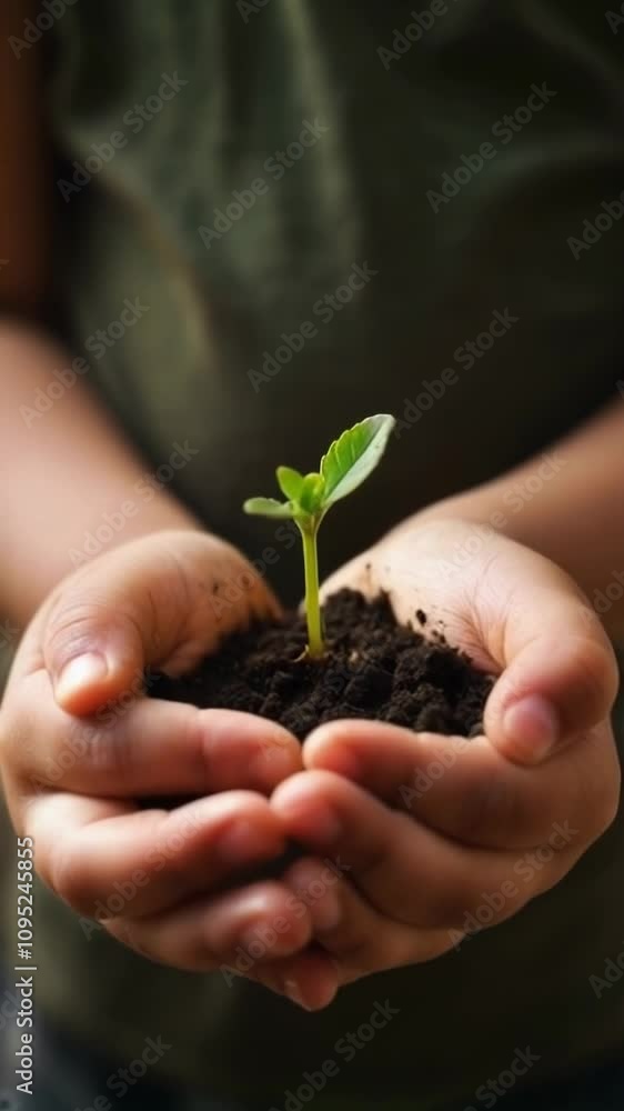 Close-up video of girls' hands holding a small plant shoot. Concept of conservation and environment Close-up video of girls' hands holding a small plant shoot. Concept of conservation and environment