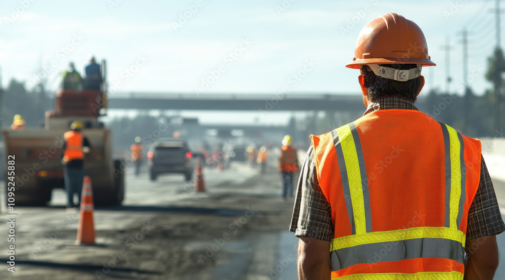 A worker in an orange vest and helmet stands in the foreground, looking at workers laying asphalt on the roadway A worker in an orange vest and helmet stands in the foreground, looking at workers laying asphalt on the roadway
