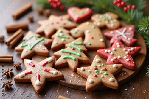 Festive assorted christmas cookies with pine tree decorations and cinnamon sticks for holiday celebration