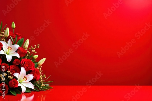 Elegant floral arrangement with red roses and lilies on vibrant red background with space for text