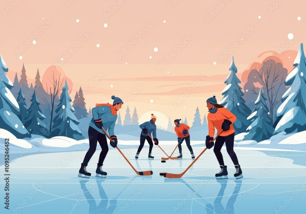 Four friends are enjoying playing ice hockey outdoors on a frozen lake surrounded by a snowy winter landscape at sunset Four friends are enjoying playing ice hockey outdoors on a frozen lake surrounded by a snowy winter landscape at sunset