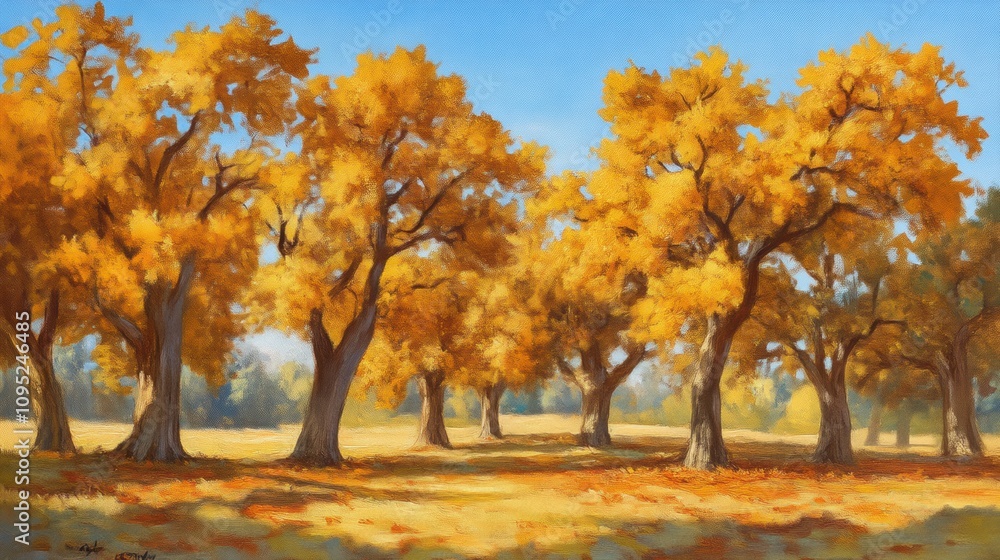 Naklejka premium Golden oak trees in a picturesque autumn landscape