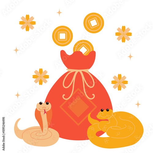 Chinese money bag with a lot of gold coins, snake as symbol of year 2025. Spring festival, lunar new year, Chinese new year concept. Flat vector illustration.