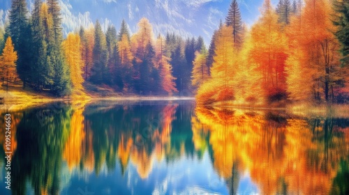 Reflections of autumn colors on a serene lake with copy space