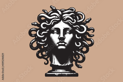 Classic black-and-white Medusa bust illustration with detailed snake hair on a neutral background. Ideal for themes of mythology, art history, and classical symbolism