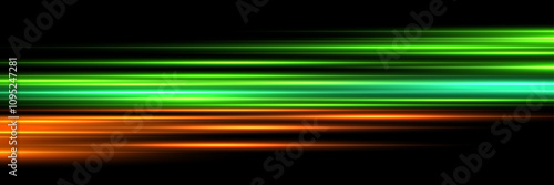 Abstract light speed effect lines on black background. Game futuristic shiny pattern with flowing bright orange and green rays on dark. Modern technology vector illustration.
