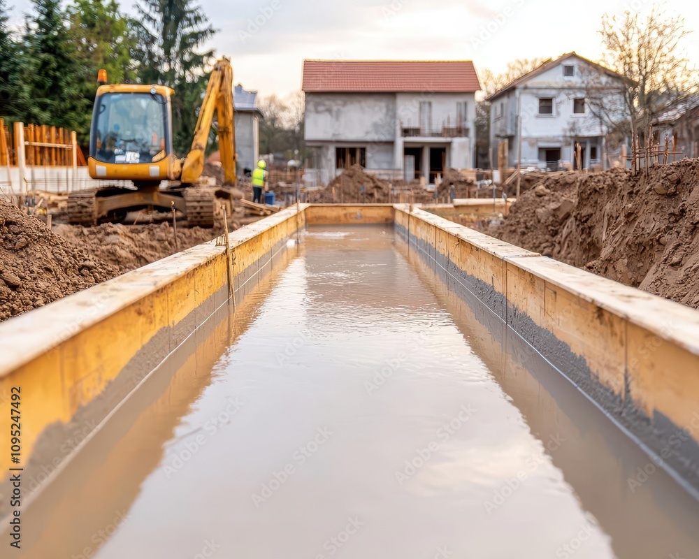 Partially filled swimming pool under construction, concrete mixers, workers applying plaster, modern neighborhood, soft evening light Partially filled swimming pool under construction, concrete mixers, workers applying plaster, modern neighborhood, soft evening light