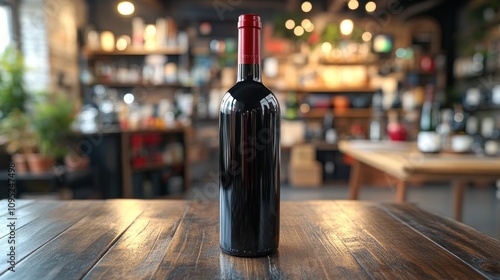 Red wine bottle on wooden table in wine shop. photo