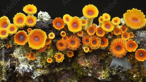 Vibrant Orange Mushrooms on Dark Forest Floor