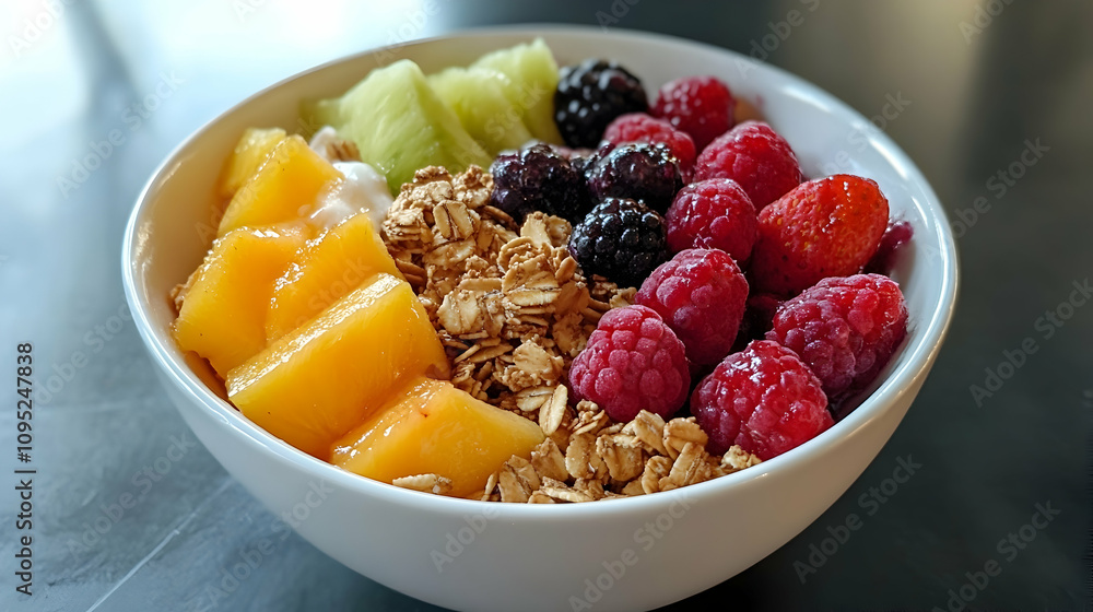 Freshly prepared fruit and granola bowl ready to enjoy Freshly prepared fruit and granola bowl ready to enjoy