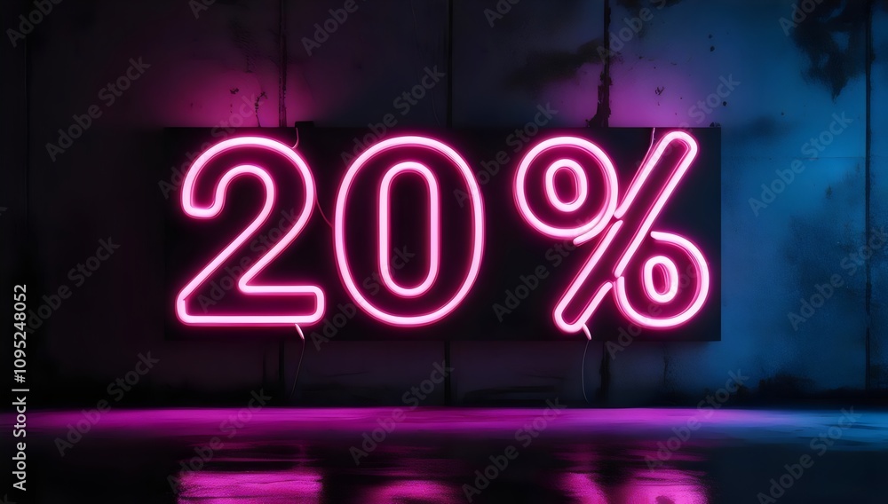 Bright neon pink 20% discount sign on dark wall, black friday, vibrant sale advertisement, eye-catching promotional offer, retail signage, marketing. Bright neon pink 20% discount sign on dark wall, black friday, vibrant sale advertisement, eye-catching promotional offer, retail signage, marketing.