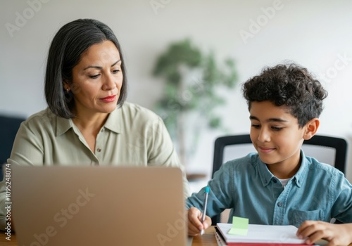 Teacher assisting a young boy student with online education using a laptop and taking notes