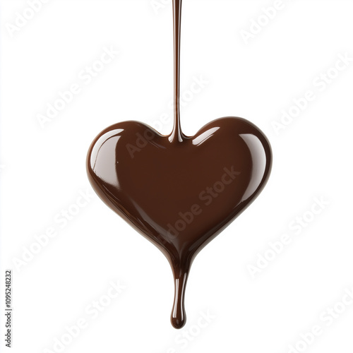 Delicious melted chocolate forming a heart shape on white background