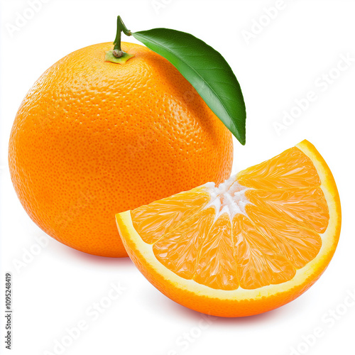 Fresh orange fruit with green leaf and slice showing pulp