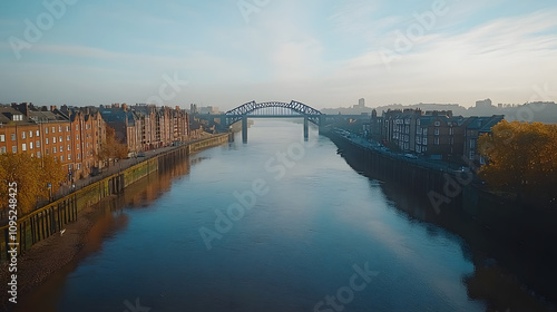 drone aerial view footage newcastle upon tyne city tyneside geordie north east england uk gateshead bridge highlighted by white, space for captions, png