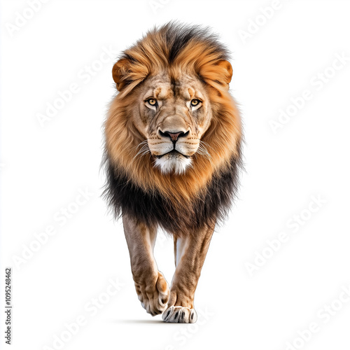 Majestic male lion walking towards camera on white background