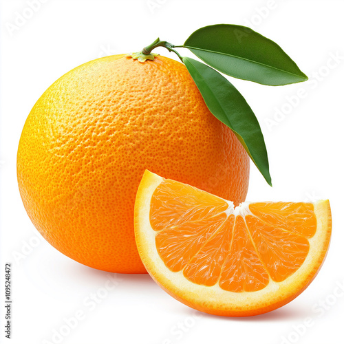 Ripe orange fruit with green leaves and slice showing the pulp
