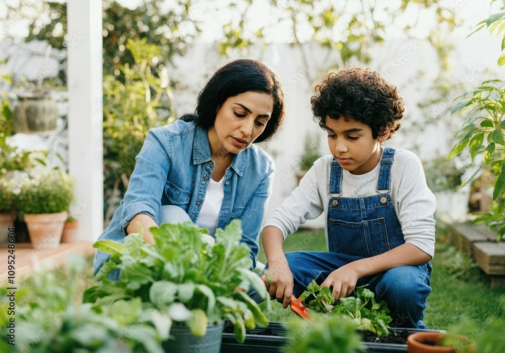 Mother and her son are gardening together, planting and tending to vegetables in their home garden Mother and her son are gardening together, planting and tending to vegetables in their home garden