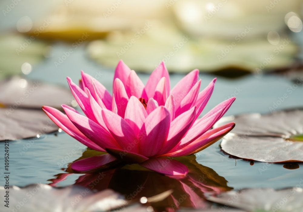 Beautiful pink water lily blooming in sunlight, creating a serene and peaceful atmosphere Beautiful pink water lily blooming in sunlight, creating a serene and peaceful atmosphere