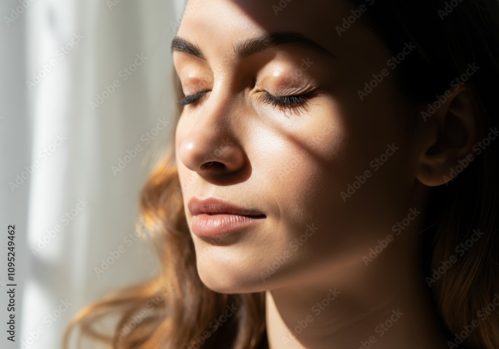 Close-up of a serene woman with closed eyes, basking in the warm sunlight filtering through a window Close-up of a serene woman with closed eyes, basking in the warm sunlight filtering through a window