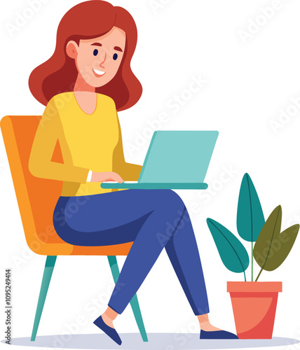 a girl is using his laptop vector