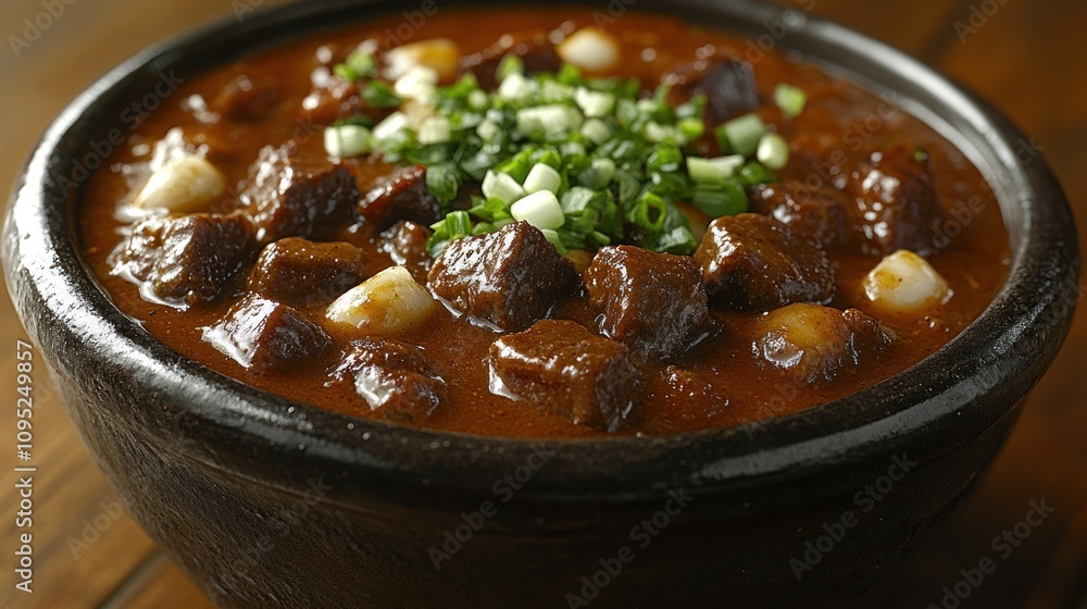 Rich beef stew in a rustic bowl, garnished with green onions. Rich beef stew in a rustic bowl, garnished with green onions.