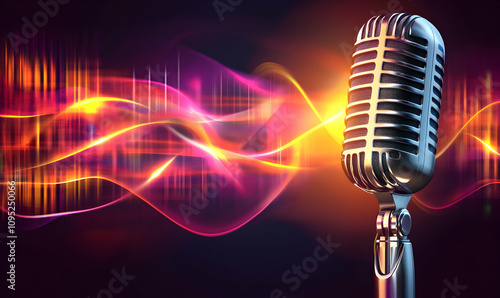 Retro microphone with vibrant sound wave background. Perfect for music, podcast, broadcasting themes.