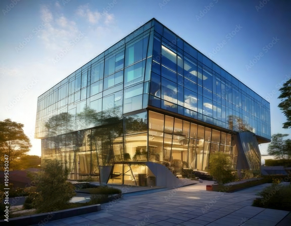 Obraz premium captivating image of a modern office building with a sleek glass facade that epitomizes contemporary architecture.