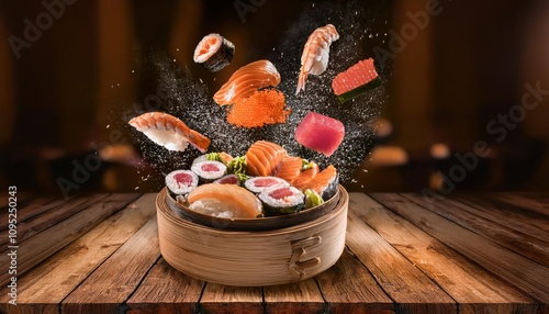 Sushi food on the table, delicious asian cooking, fusion sashimi