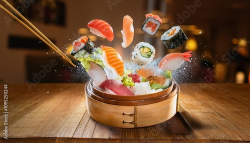 Sushi food on the table, delicious asian cooking, fusion sashimi