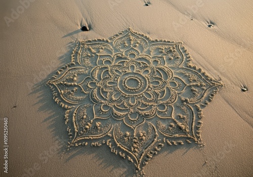 Beautiful mandala pattern carefully drawn on the sand of a beach, creating a peaceful and artistic scene photo