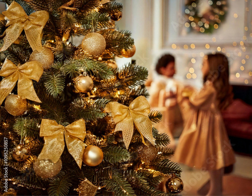 Close up em uma árvore de Natal nítida em primeiro plano, com enfeites dourados, com 2 crianças abrindo os presentes, desfocadas ao fundo. photo