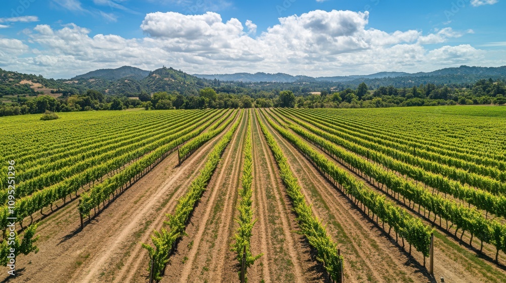 Vineyard Rows, Lush Green Grapes, Sunny Day, Rolling Hills, California Wine Country Vineyard Rows, Lush Green Grapes, Sunny Day, Rolling Hills, California Wine Country