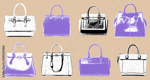 A trendy collection of handbags styled with a vintage halftone texture. The muted beige background enhances the minimalist grunge aesthetic.