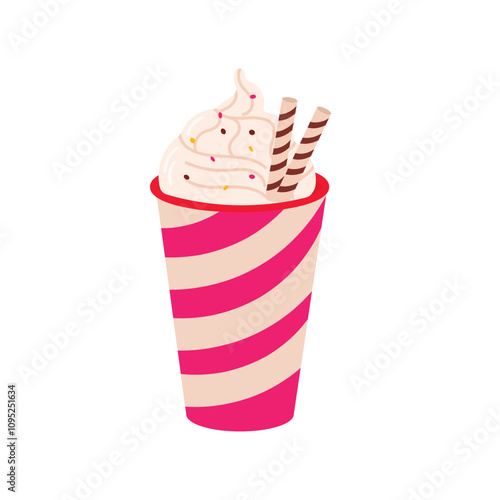 Cute rose cup of drink with cream for Valentine's Day. Flat illustration