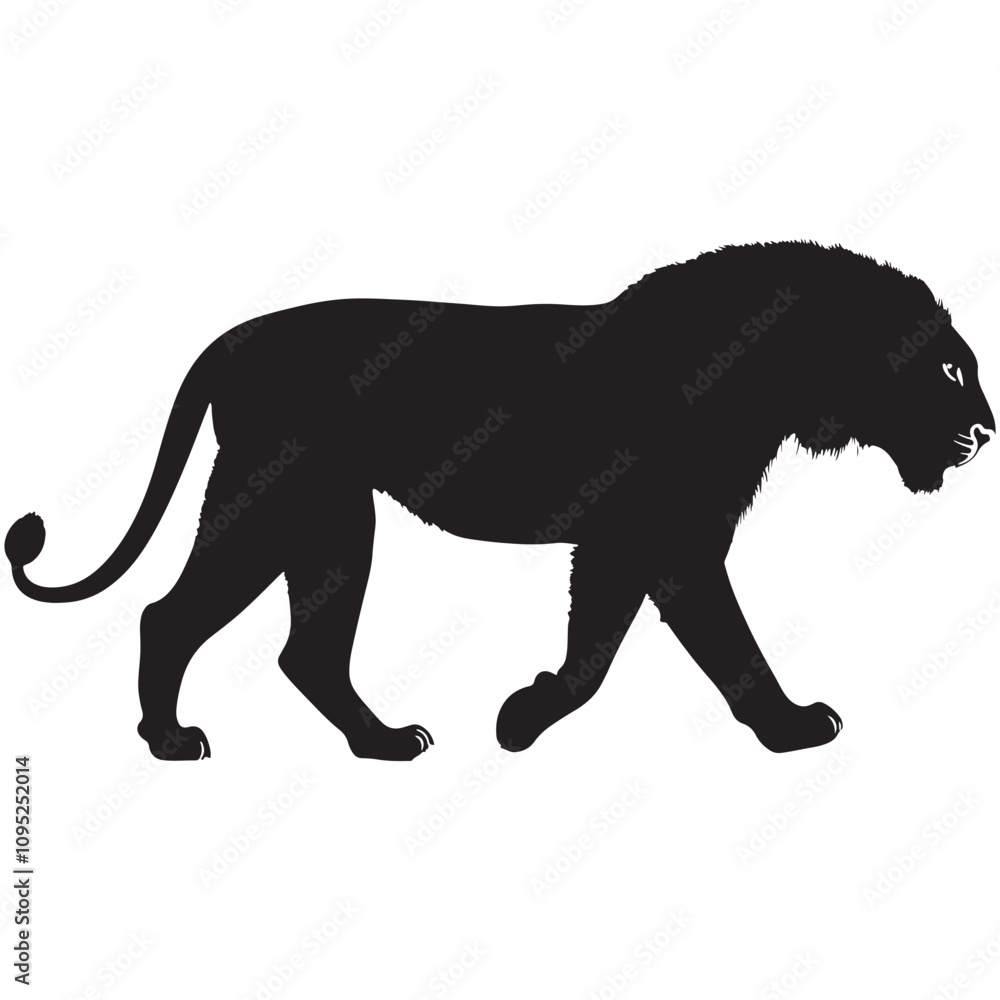 Naklejka premium Lion Silhouette on White Background, Standing Lion Silhouette Vector, Lion Silhouette in African Savannah, Minimalist Lion Silhouette Design, Elegant Lion Silhouette for Branding.