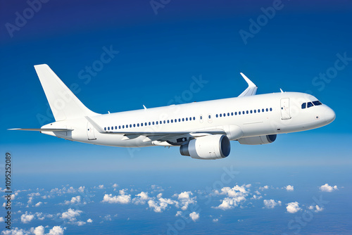 A majestic white passenger jet airplane soars gracefully above a breathtaking expanse of fluffy white clouds under a vibrant, clear blue sky, capturing the essence of air travel and freedom.