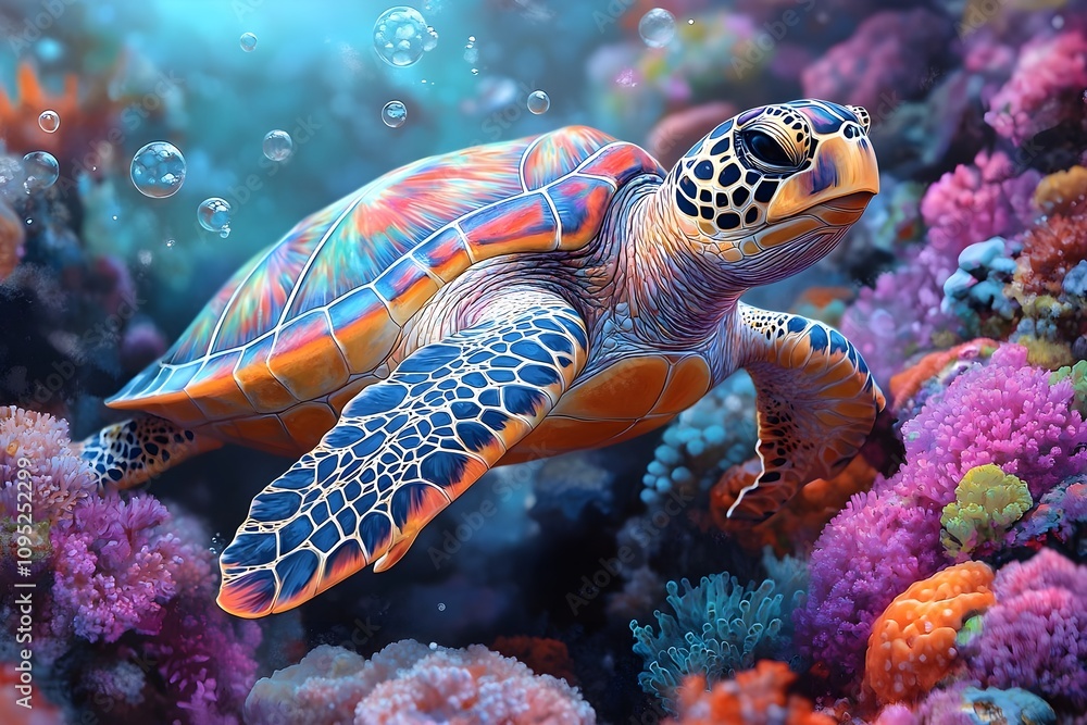 Fototapeta premium Abstract depiction of a sea turtle gliding gracefully through an underwater coral reef