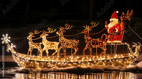 During the Patchogue Holiday Boat Parade, a boat decorated with Christmas lights and holiday characters, with various characters representing the day of Christmas

 photo