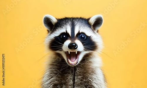 Wallpaper Mural Playful raccoon portrait against a vibrant yellow background.  The raccoon's expressive face is captured in sharp detail, showcasing its unique markings and surprised expression. Torontodigital.ca