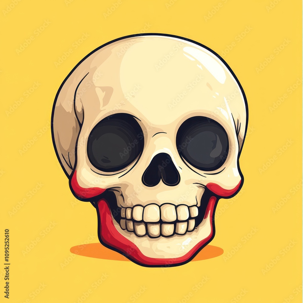 Fototapeta premium A stylized skull with red lips against a yellow background