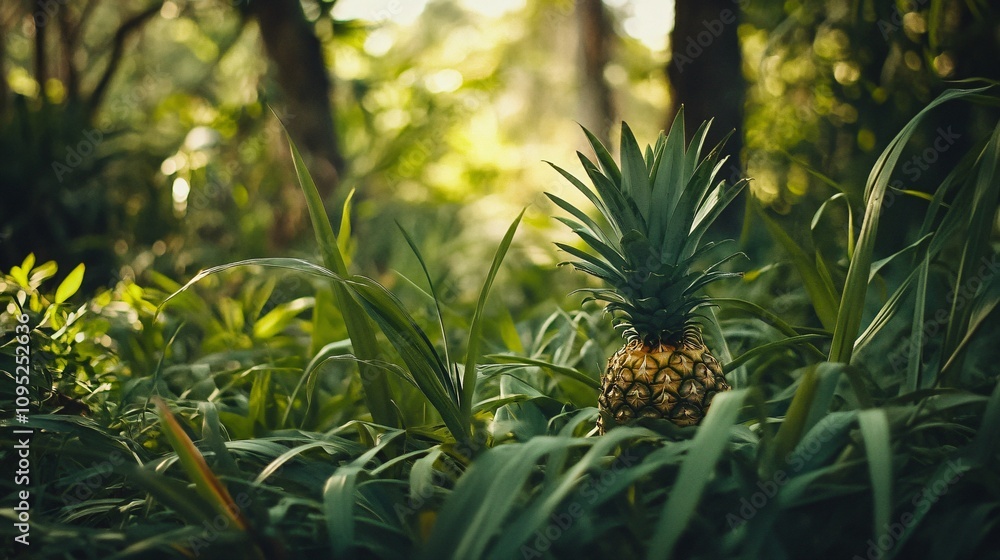 Fototapeta premium A pineapple plant in its natural setting, surrounded by lush green foliage