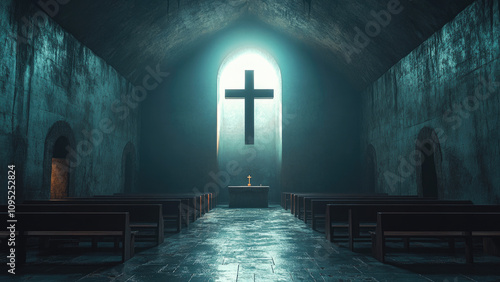 Dimly Lit Church Interior with Cross and Altar, Soft Light Filtering Through Window photo