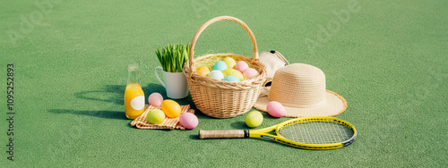 Colorful easter eggs with tennis gear on a sunny day
