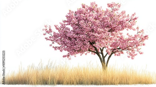 Stunning Pink Cherry Blossom Tree with Golden Grass