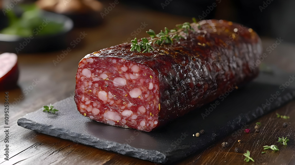 Close-up of Salami on a Black Slate Plate - Food Photography Close-up of Salami on a Black Slate Plate - Food Photography
