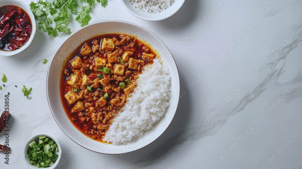 清潔な白いテーブルセッティングに、スパイシーな中華豆腐とご飯の料理が添えられています 清潔な白いテーブルセッティングに、スパイシーな中華豆腐とご飯の料理が添えられています