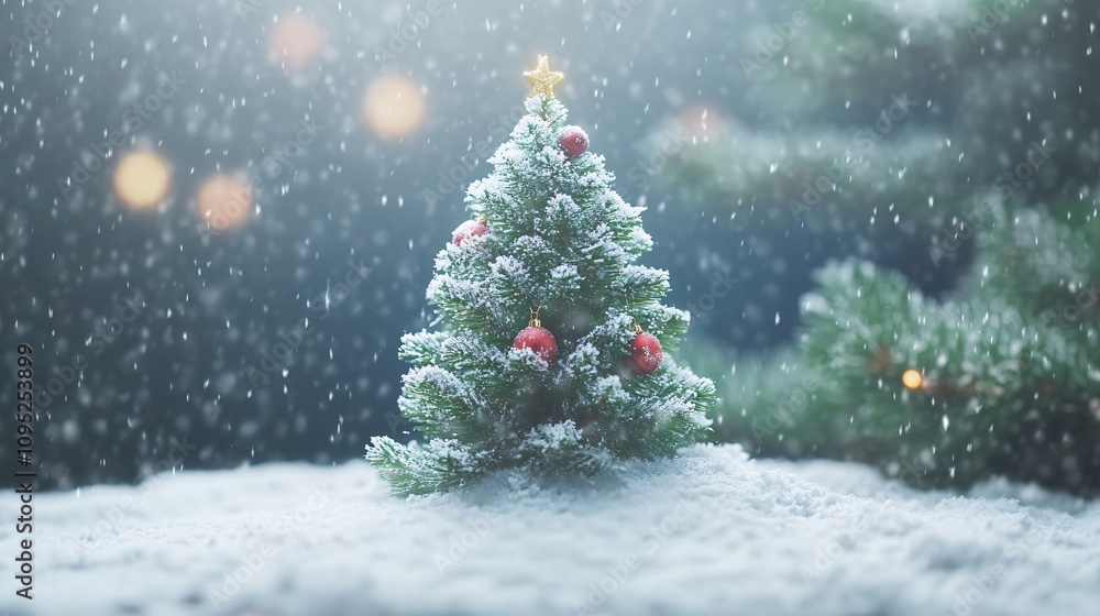 Small christmas tree covered by snow with red ornaments and golden star is gently snowing Small christmas tree covered by snow with red ornaments and golden star is gently snowing