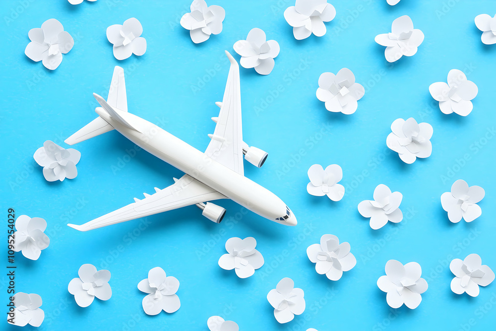 White airplane model on light blue background surrounded by paper flowers; travel, spring, vacation concept.