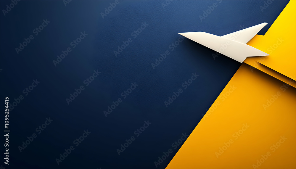 Abstract travel concept image featuring a paper airplane on a vibrant yellow and navy blue background. Ideal for presentations, websites, or travel-related projects. Abstract travel concept image featuring a paper airplane on a vibrant yellow and navy blue background. Ideal for presentations, websites, or travel-related projects.